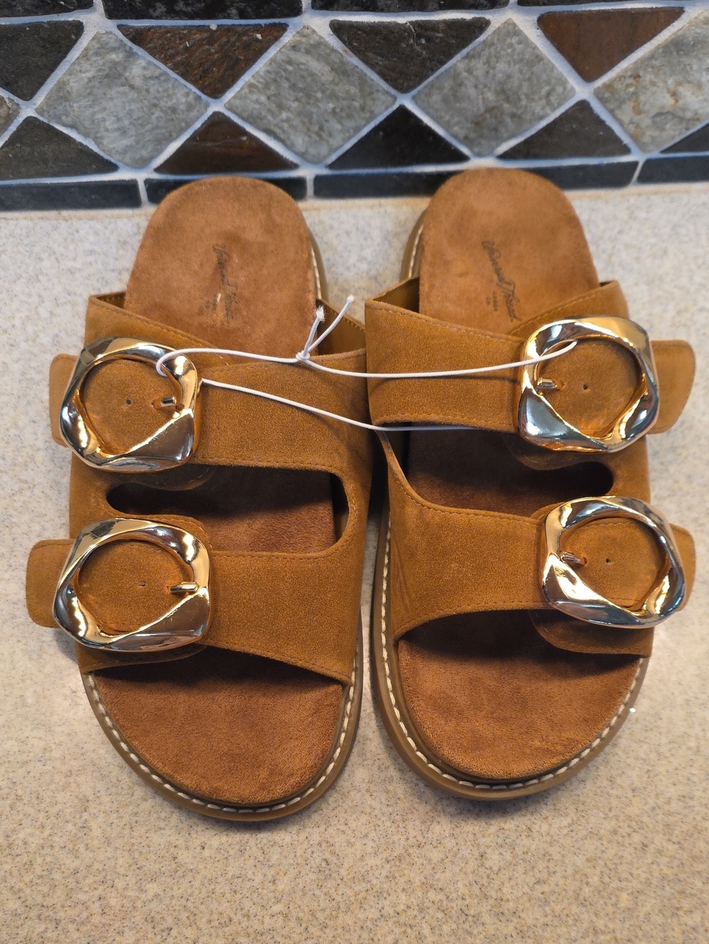 Suede Double-Buckle Slide Sandals in Tan